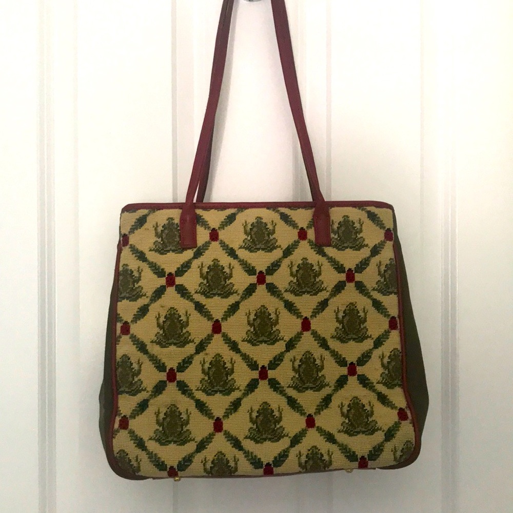 Clever Carriage needlepoint tote bag